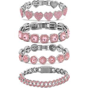 Women's Gold Silver Bracelet Set Heart Tennis Cuban Layered Link 4PCS Diamond